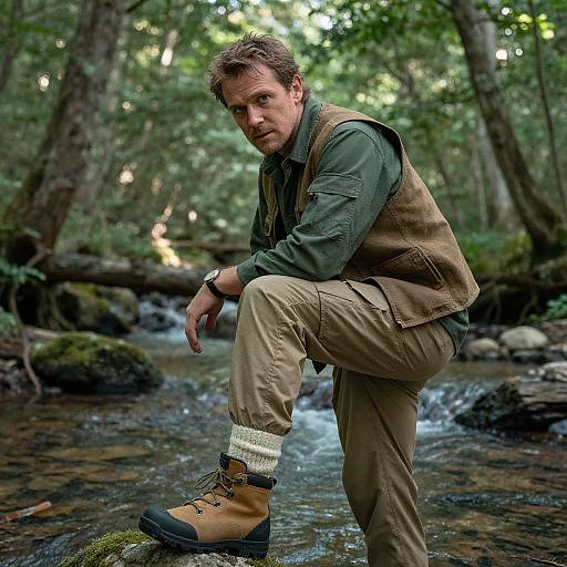 Photograph of a middle-aged man with short brown hair, wearing a green shirt, brown vest, beige pants, and tan boots, crouching
