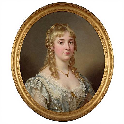 Oval portrait of a young, blonde, fair-skinned woman with curly hair, wearing a lace-trimmed blue dress and gold necklace, framed