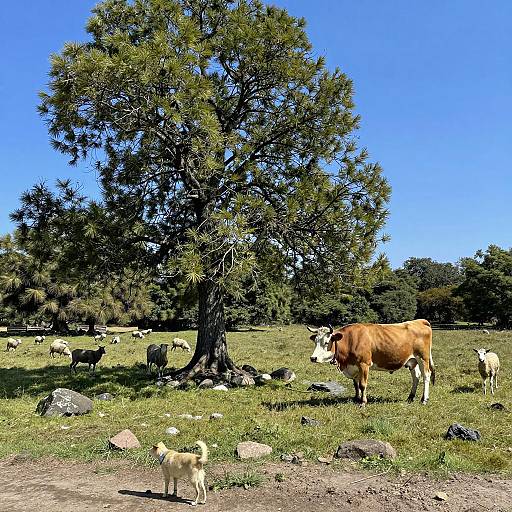 Pastoral Farm Scene with Cow, Dog, and Sheep