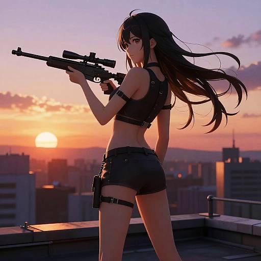 Anime Girl Sniper at Sunset Rooftop