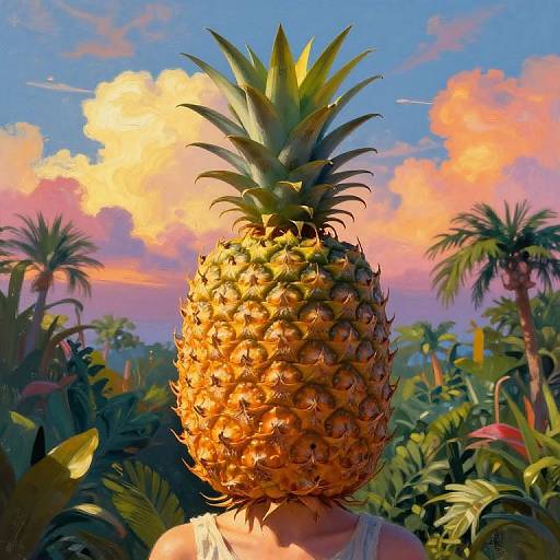 Digital artwork of a person's back with a large pineapple head, set against a vibrant, tropical sunset sky with palm trees.