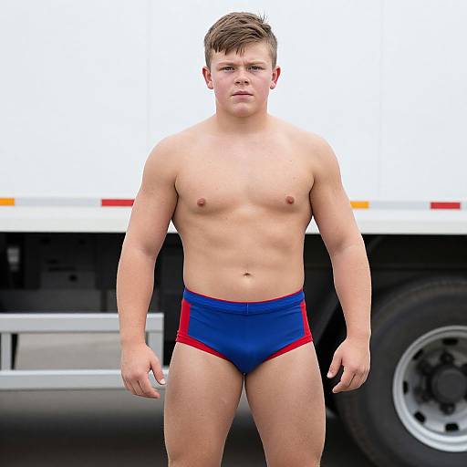 Photograph of a muscular, young Caucasian man with short brown hair, wearing blue and red briefs, standing in front of a white truck.