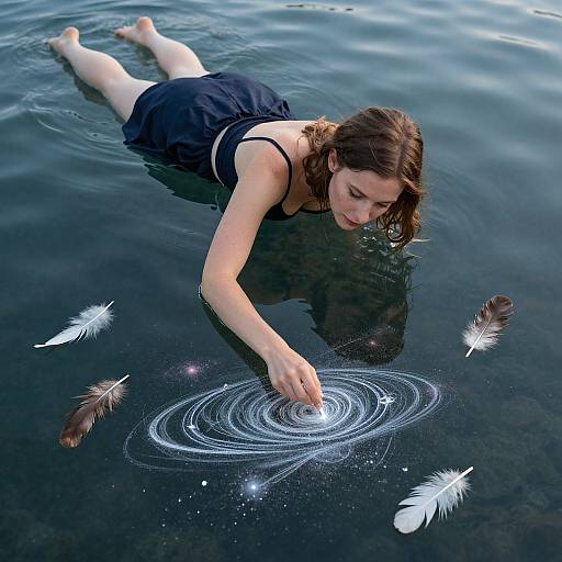 Photograph of a young woman with brown hair, wearing a black dress, lying in dark water, touching a glowing, circular, white light surrounded by