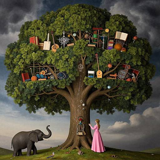 Fantastical photograph of a giant tree adorned with colorful books, toys, and trinkets, an elephant to the left, and a girl in