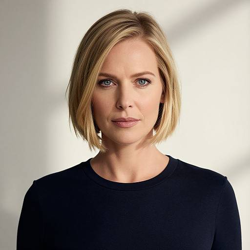 Photograph of a blonde woman with short, straight hair, wearing a black top, against a bright white background, looking directly at the camera.