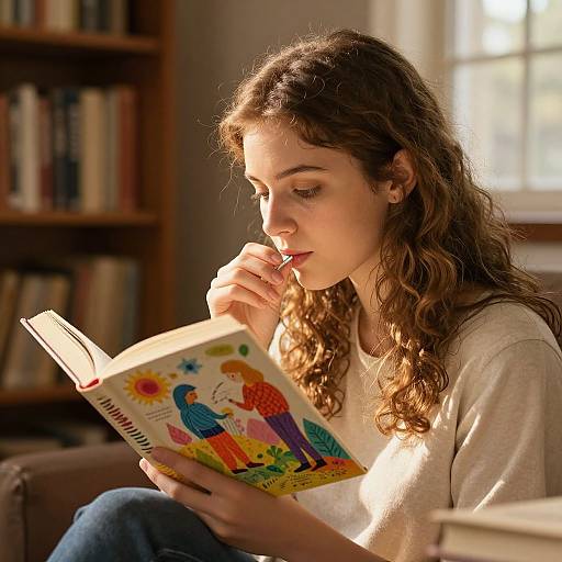 Photograph of a young woman with curly brown hair, reading a colorful children's book, seated in a sunlit library.