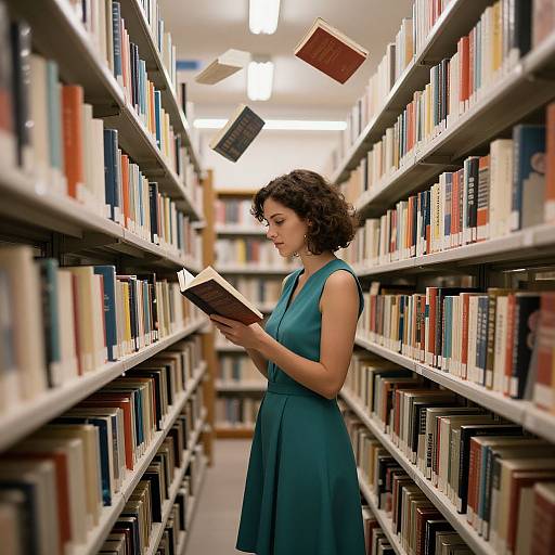 Photograph of a curly-haired woman in a teal dress, standing in a library aisle, books floating mid-air, focused on a book.