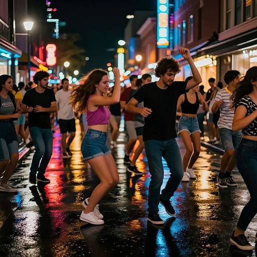Nighttime street dance party with colorful neon lights, wet pavement, diverse crowd in casual attire, energetic dancers, vibrant urban atmosphere.