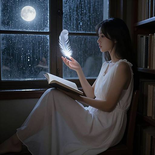 Photograph: Young woman in white dress, sitting by rain-streaked window, holding glowing feather, reading book, moonlit night outside.