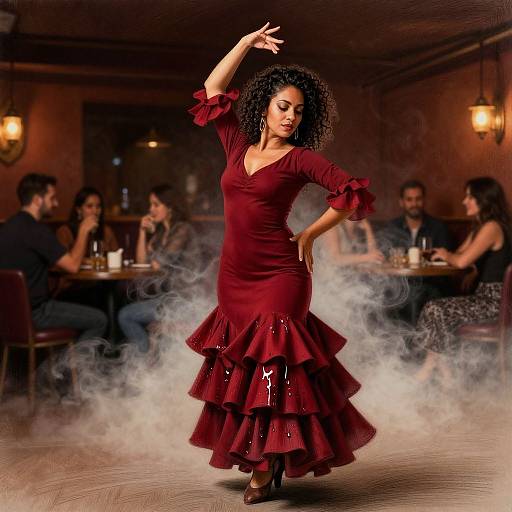 Photograph of a curly-haired woman in a red ruffled flamenco dress, dancing with smoke, in a dimly lit, rustic bar.
