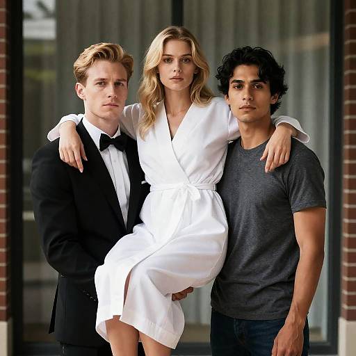 Woman in White Robe Held by Two Men