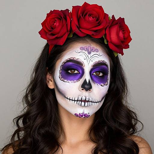 Photograph of a woman with white and purple sugar skull face paint, black wavy hair, and a red rose flower crown.