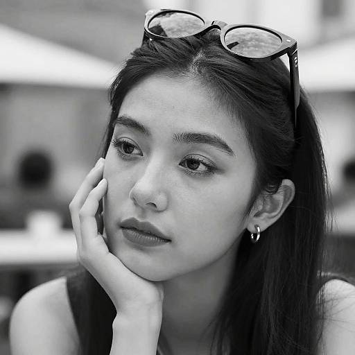 Black-and-white photograph of an Asian woman with long dark hair, wearing sunglasses on her head, hoop earrings, and a sleeveless top, gently touching