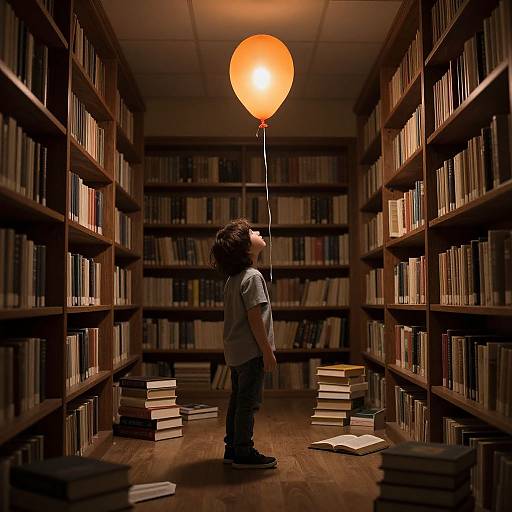 Photograph of a young boy with curly hair, wearing a gray shirt, gazing at an orange balloon in a dimly lit library aisle with tall