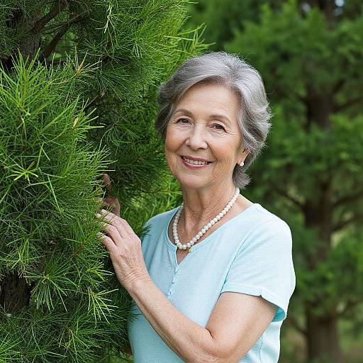 Photograph of an elderly woman with short gray hair, wearing a light blue shirt and pearl necklace, smiling while touching a green pine tree outdoors.