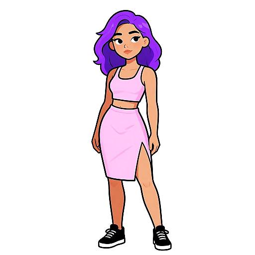Digital drawing of a young woman with purple hair, wearing a pink crop top and matching skirt with a side slit, black sneakers, standing against a plain