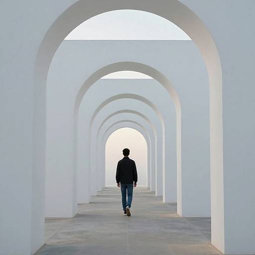 Photograph of a lone person in a black jacket and blue jeans walking down a series of white, archway-lined tunnels.