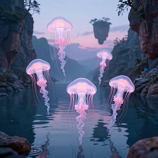Photograph of glowing pink and blue jellyfish floating in a tranquil, rocky canyon river at twilight, with a floating island in the background.