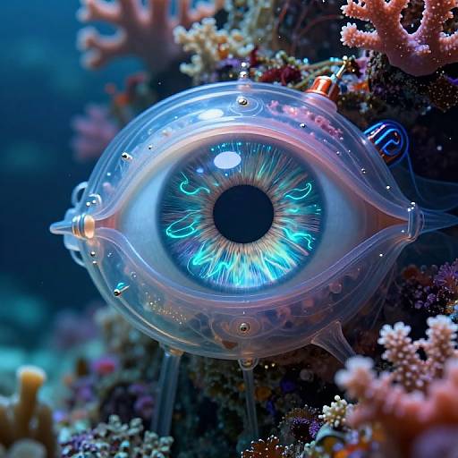 Digital CGI image of a glowing blue-eyed, transparent fish-like creature with intricate details, floating amidst vibrant coral reef in deep blue ocean water.
