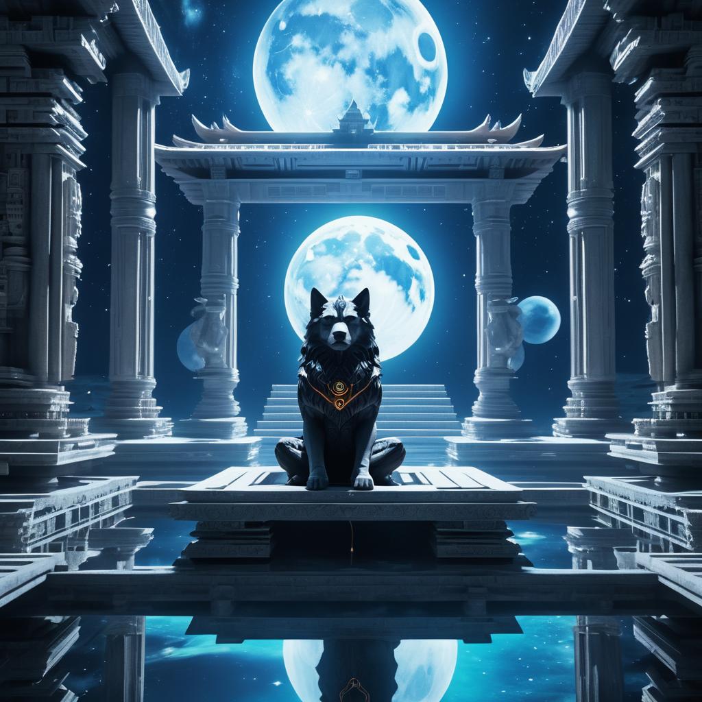 Floating Wolf Humanoid in Cosmic Temple