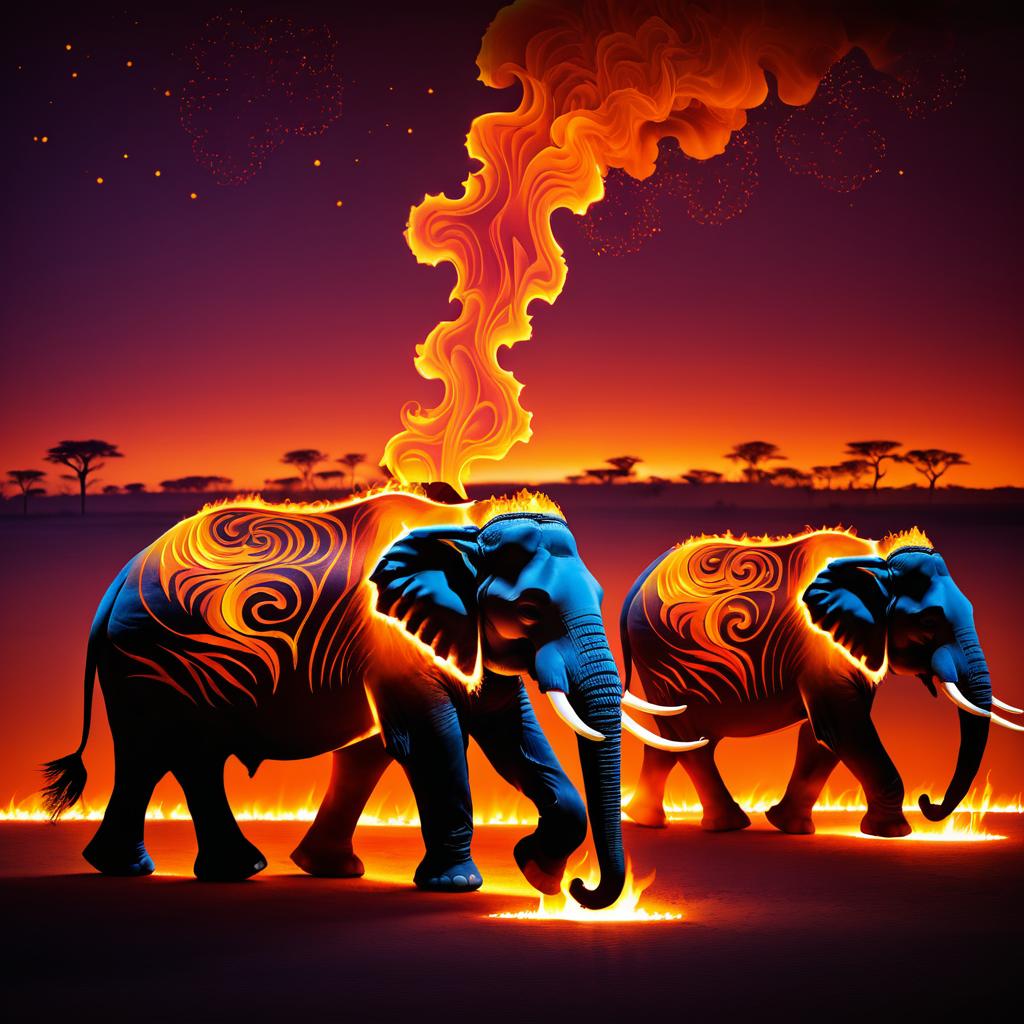 Flaming Elephants Against Twilight Horizon