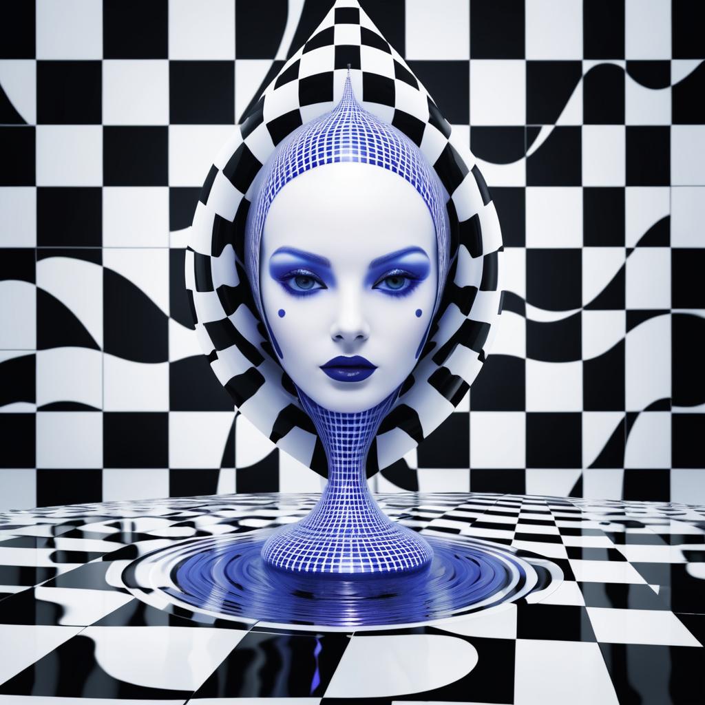 Surreal Robot Lady in Liquid Checkerboard