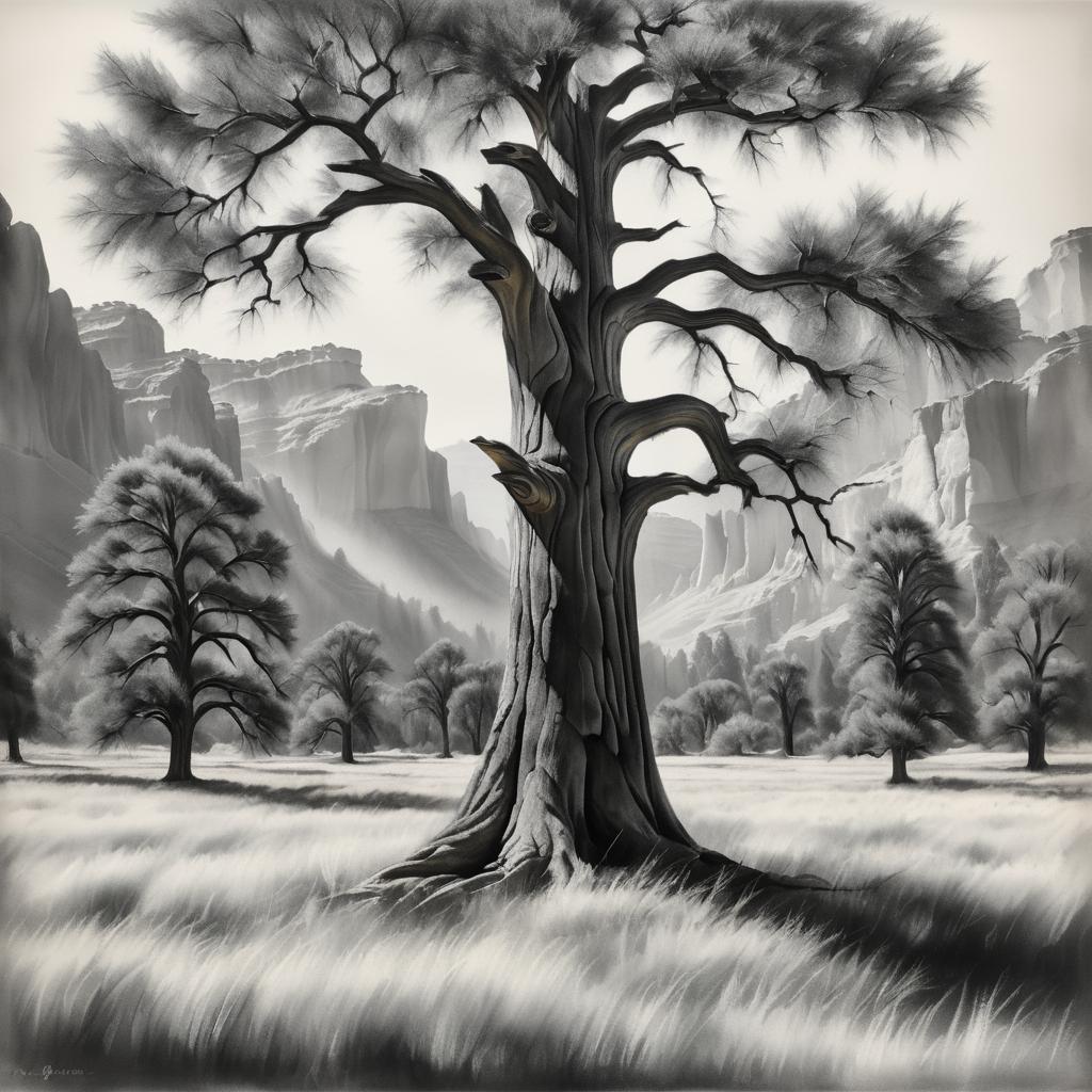 Serene Elder Tree in Charcoal Landscape