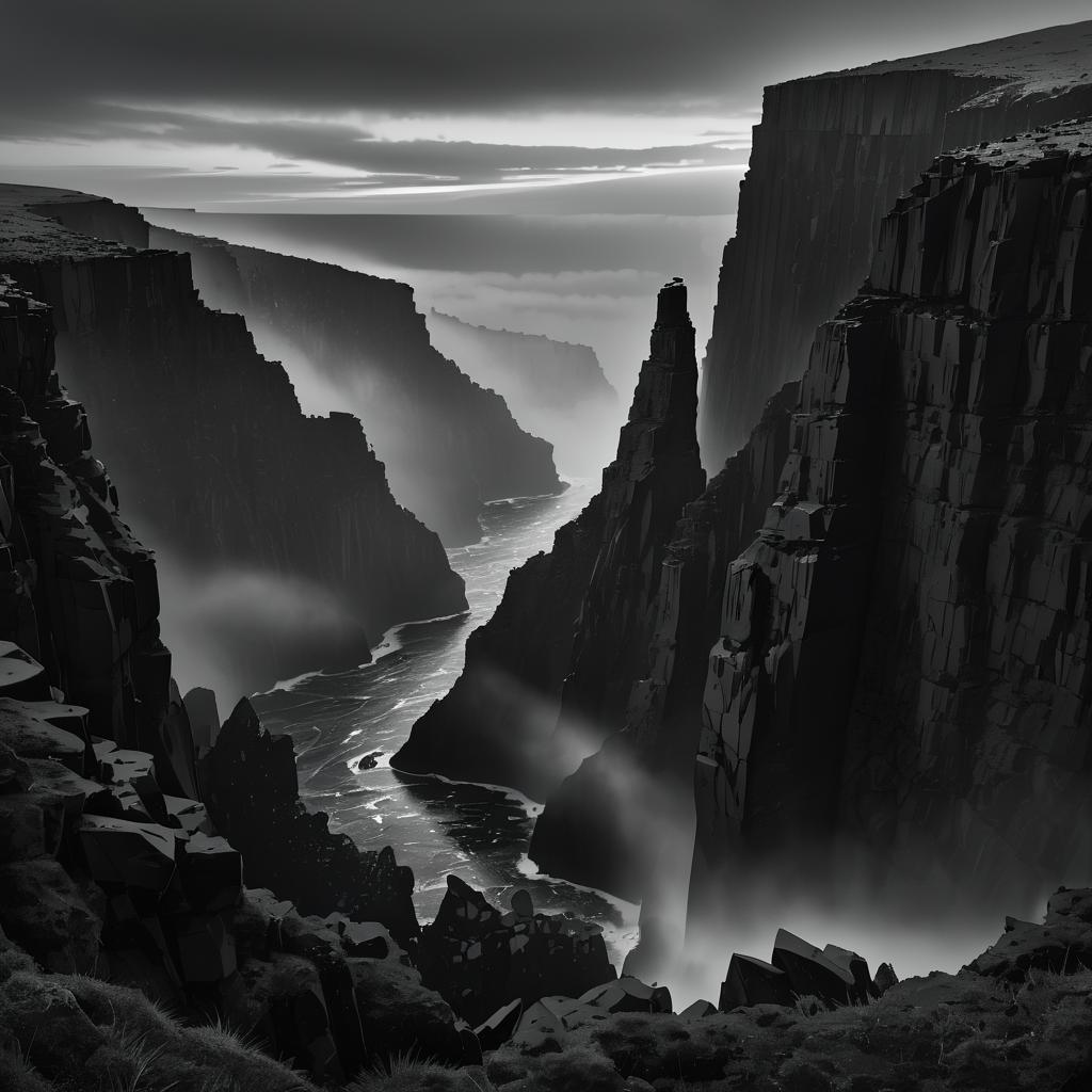 Monochromatic Dawn over Basalt Cliffs