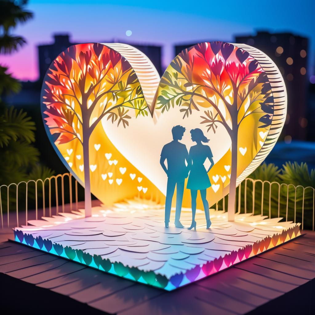 Romantic Rooftop Embrace in Paper Art