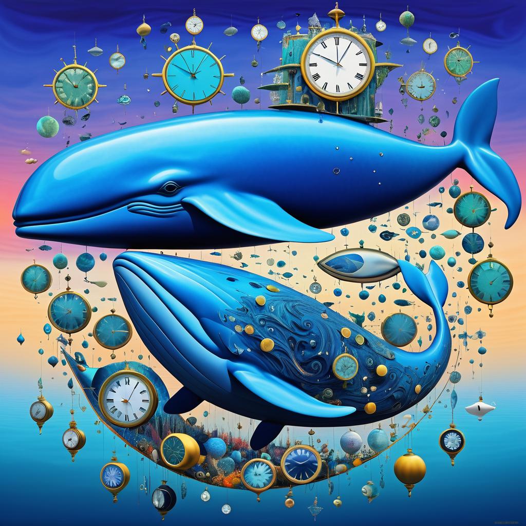 Surreal Whale Among Floating Clocks