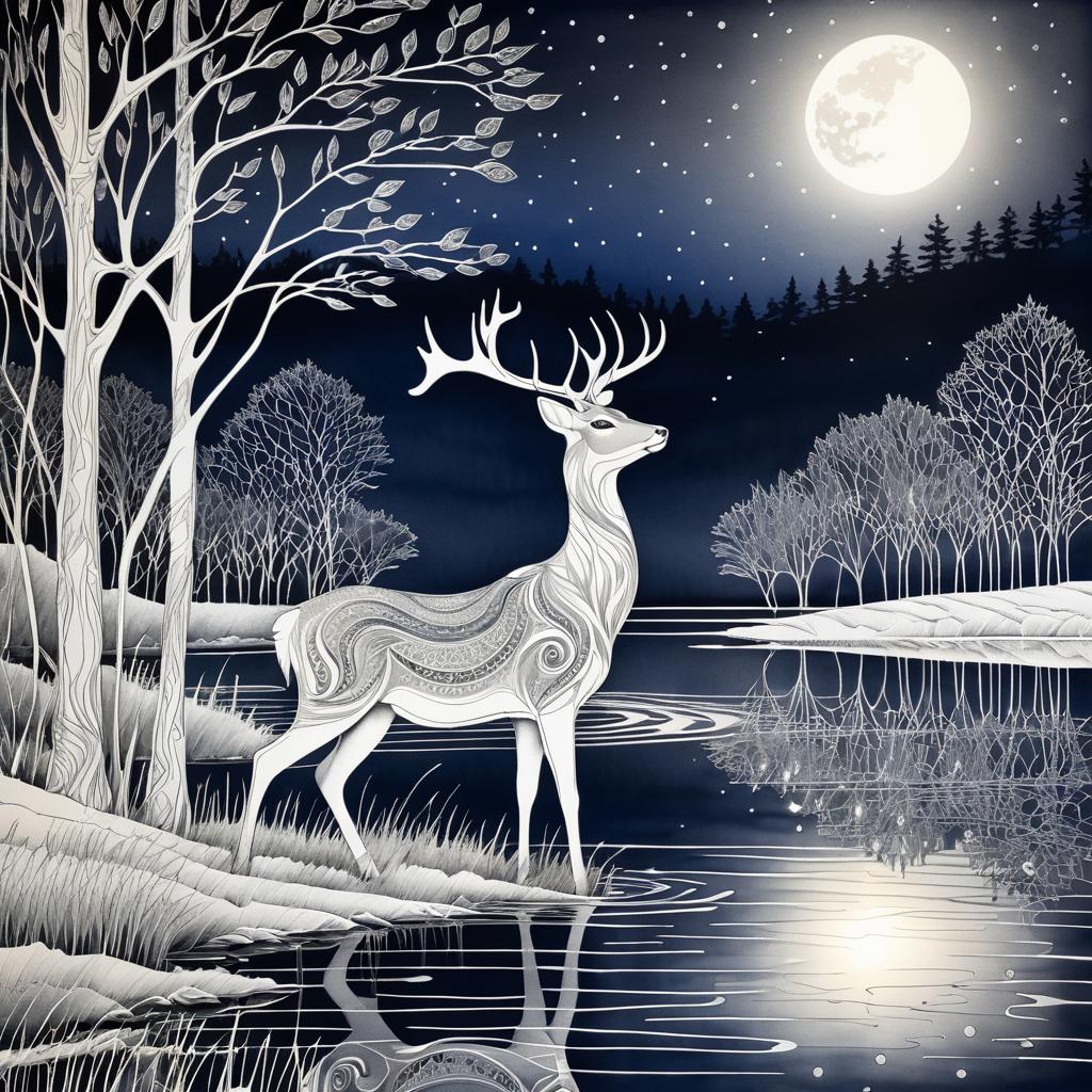 Elegant Deer by Moonlit Lake