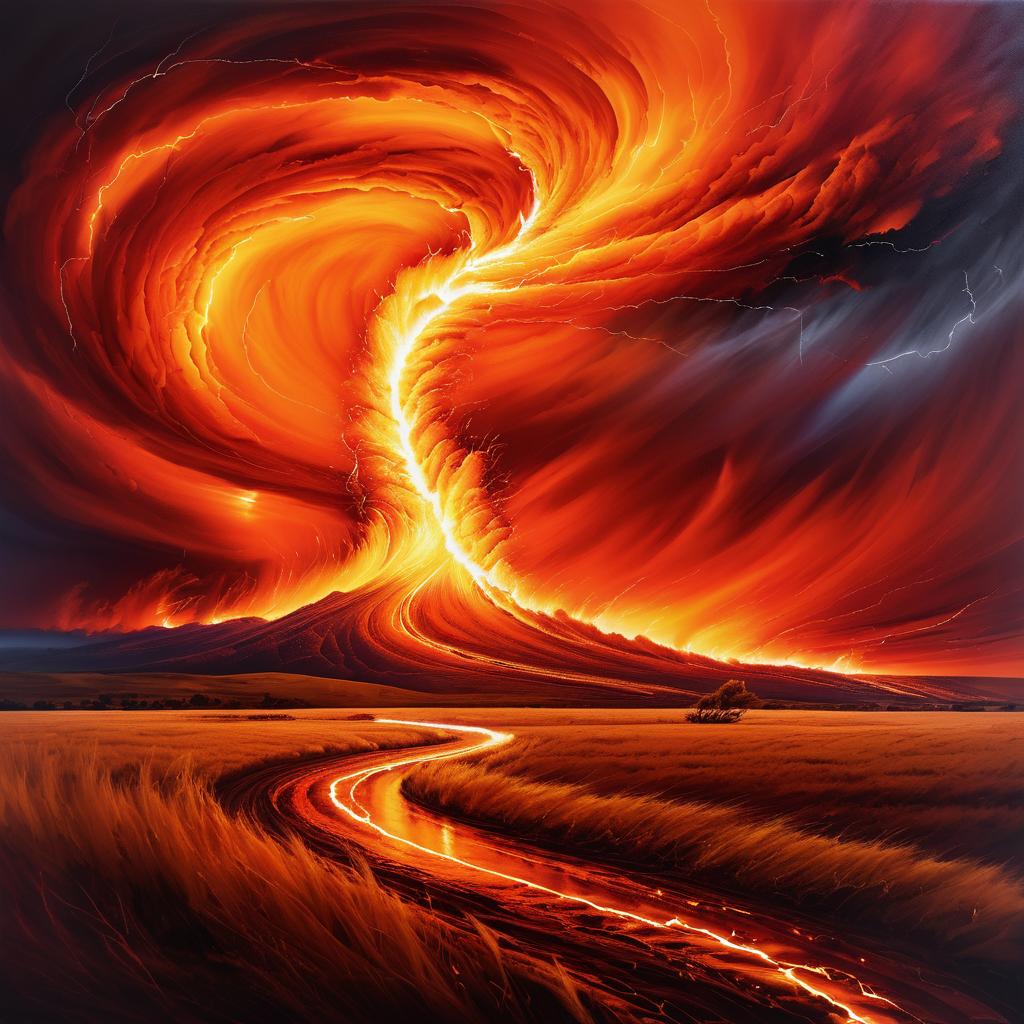 Vivid Fire Tornado in Stormy Landscape