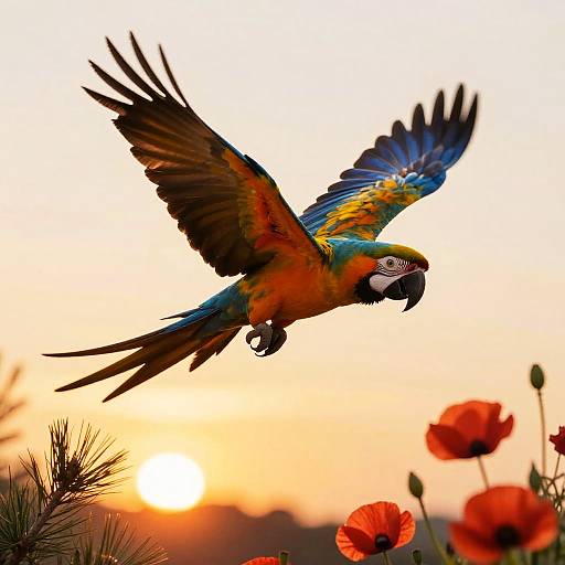 Photograph of a vibrant blue-and-yellow macaw in mid-flight against a sunset sky, with red poppies and pine tree in the foreground.