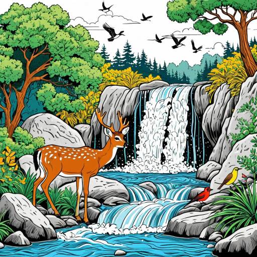 Cartoon Deer by Waterfall with Birds and Trees