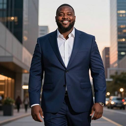 Confident Man in Navy Suit at Dusk