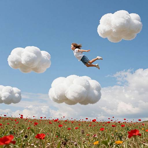 Photograph of a young girl with brown hair, wearing a white shirt and blue shorts, jumping in a vibrant red poppy field, with floating white