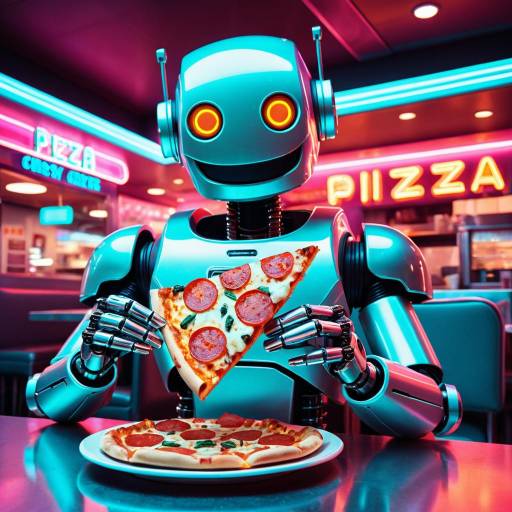 Robot enjoying pizza in futuristic neon diner