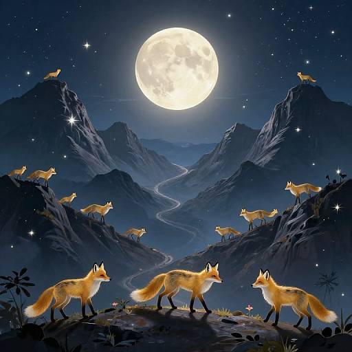 Ethereal Moonlit Mountain with Golden Foxes