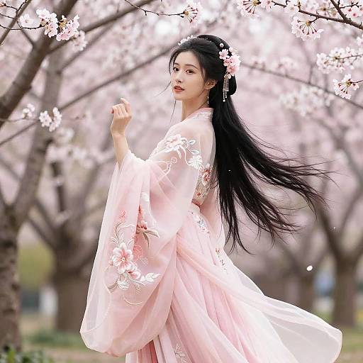 Graceful Woman in Cherry Blossom Garden