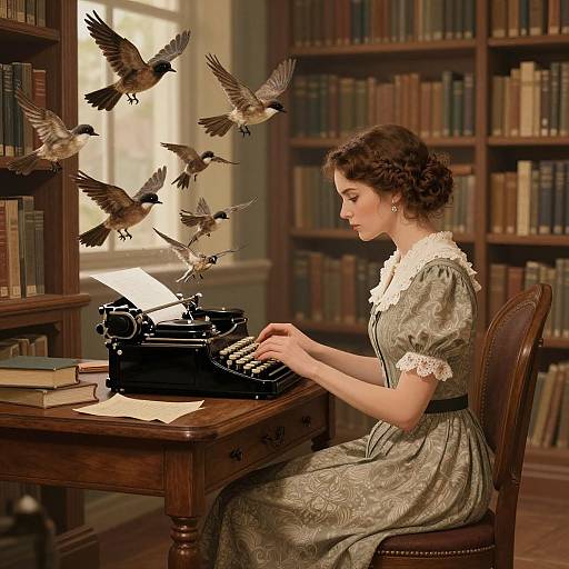 Vintage photograph: Young woman in Victorian dress writes on antique typewriter, surrounded by flying birds, in a library with wooden bookshelves.