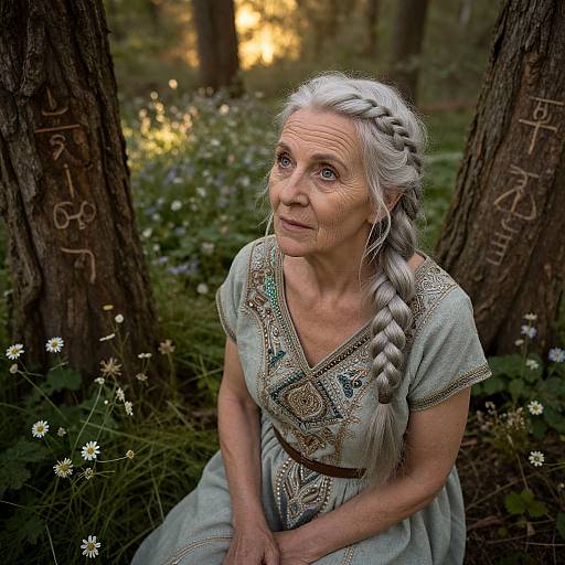Photograph of an elderly woman with white braided hair, wearing a light blue, intricately embroidered dress, sitting between two trees in a forest,