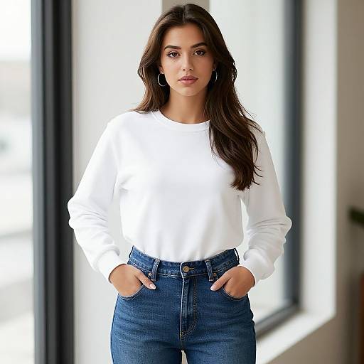 Photograph of a young woman with long brown hair, wearing a white long-sleeve shirt and high-waisted blue jeans, standing confidently by