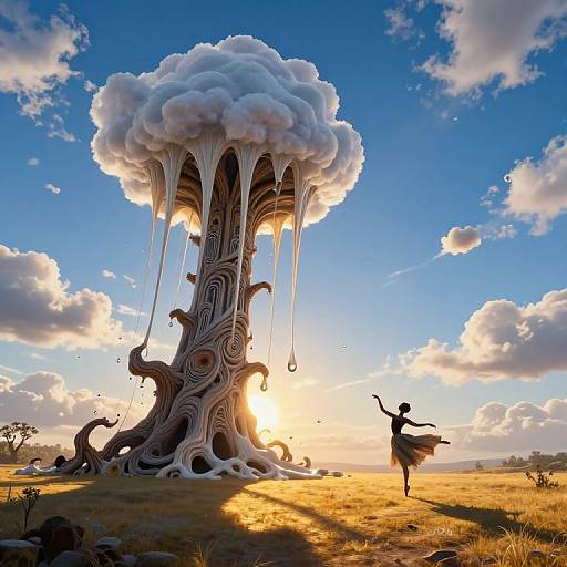 Photorealistic CGI of a surreal, cloud-like tree with flowing white roots, set in a golden sunset field, a dancing silhouette in the foreground.