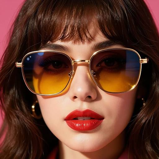 Close-up photograph of a young woman with fair skin, dark brown wavy hair, red lipstick, and gold aviator sunglasses with amber-tinted
