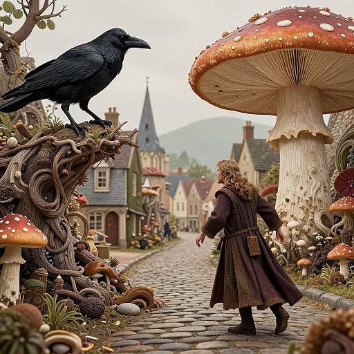 Fantasy illustration: Curly-haired woman in brown coat faces black crow perched on twisted tree, surrounded by giant red-and-white mushrooms on a cob