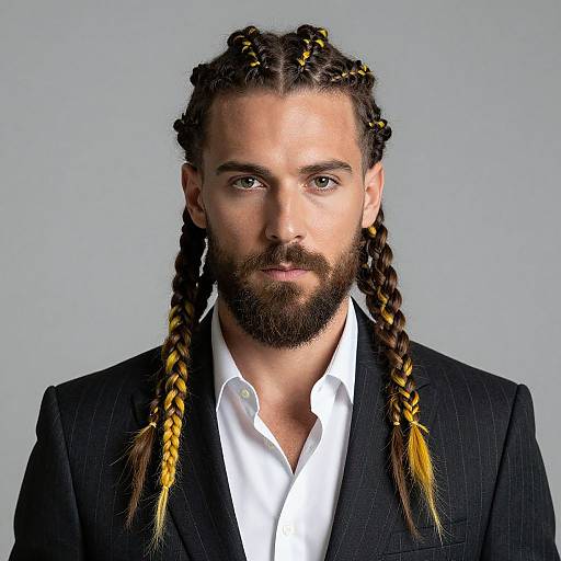 Photograph of a bearded man with brown skin, yellow and black braided hair, wearing a black pinstripe suit and white shirt, against