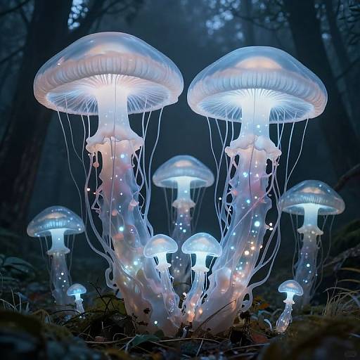 Photograph of glowing, translucent jellyfish-like mushrooms with bioluminescent blue and white lights in a dark, misty forest. Ethereal,