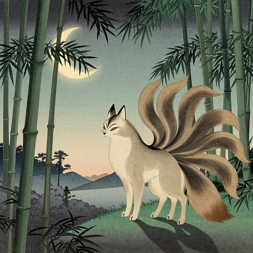 Digital illustration of a nine-tailed white fox with red eyes standing in a bamboo forest under a crescent moon.