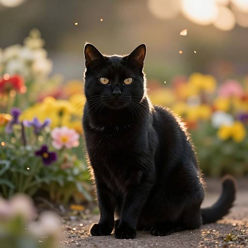 Photograph of a sleek, black cat with glowing yellow eyes, sitting on a sunlit garden path surrounded by vibrant, colorful flowers.