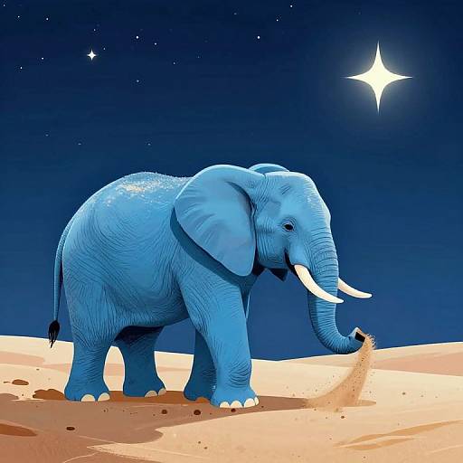 Digital illustration of a blue elephant with white tusks, standing in a desert under a starry night sky, using its trunk to dig into the sand
